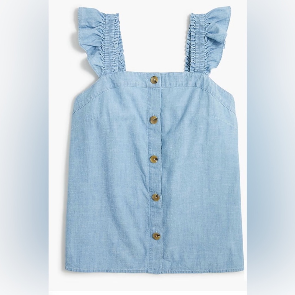 Chambray button-front tank top with ruffle straps (NWT) XS
